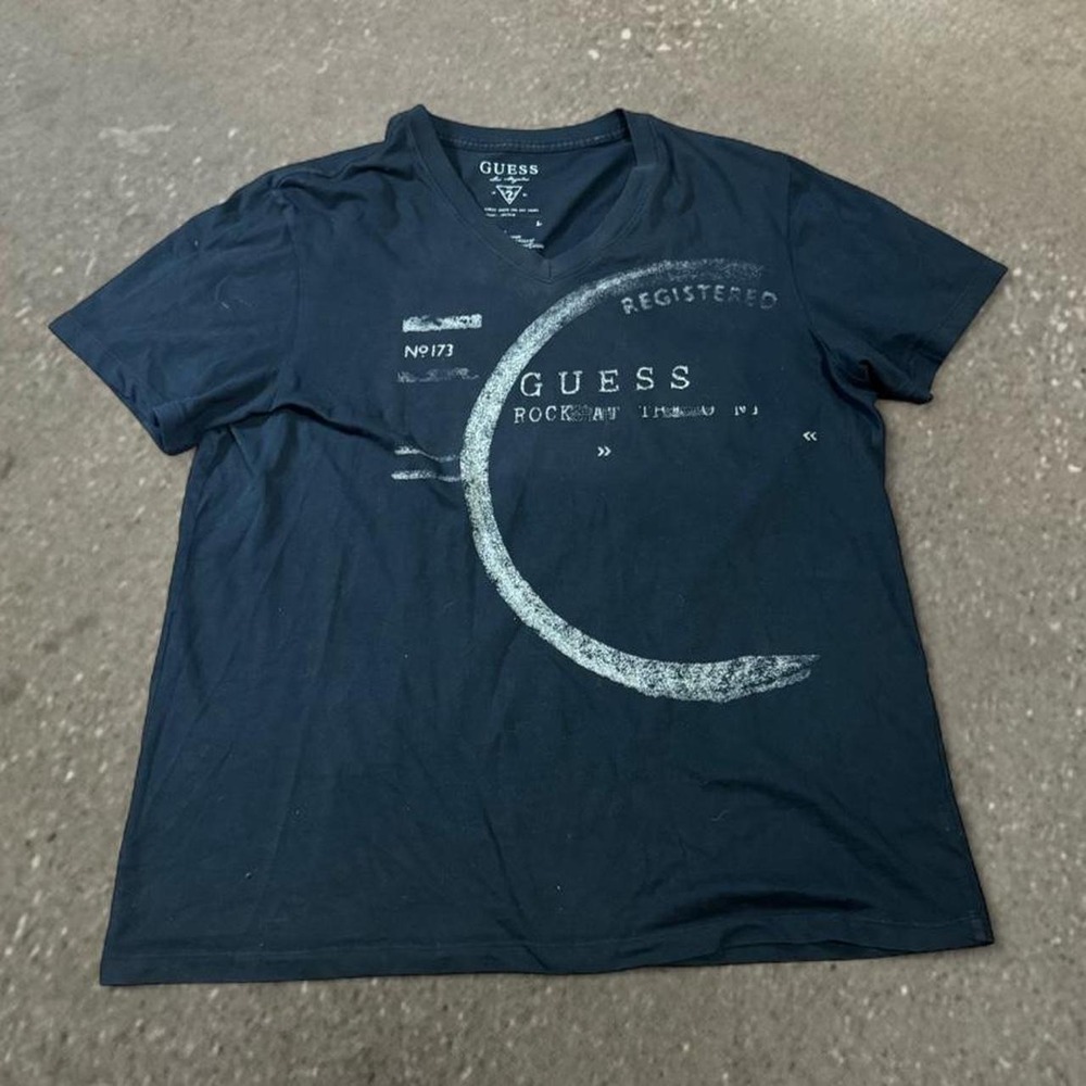 Guess Black Grunge V Neck Shirt Mens Large Y2K Graphic Tee